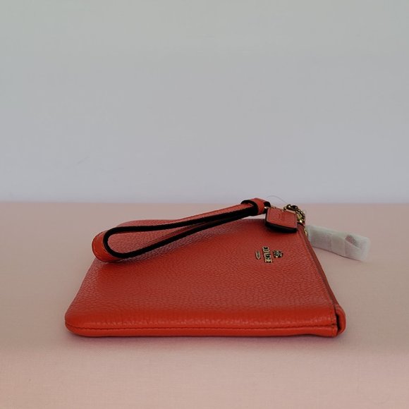 COACH Small Wristlet in Polished Pebbled Leather -Red Orange - Picture 10 of 16